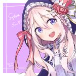  1girl artist_request blue_cardigan bow cardigan fensi flower frilled_hood hair_bow hair_ornament highres hood hood_up looking_at_viewer open_mouth pink_flower pink_hair sephira_su smile virtual_youtuber x_hair_ornament 