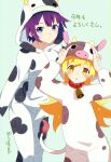  2girls animal_print bakemonogatari bell blonde_hair blue_eyes cow_girl cow_horns cow_print cowbell fooring highres horns long_hair monogatari_(series) multiple_girls oshino_shinobu purple_hair senjougahara_hitagi short_hair yellow_eyes 