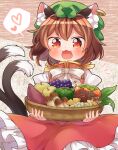 1girl :3 :d animal_ear_fluff animal_ears basket blush brown_hair cat_ears cat_tail chen commentary_request dress fang food fruit gold_trim happy hat heart highres holding holding_basket ibaraki_natou jewelry looking_down mob_cap multiple_tails mushroom nekomata open_mouth petticoat puffy_sleeves red_dress red_eyes short_hair single_earring smile solo spoken_heart tail touhou two_tails vegetable 