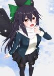  1girl absurdres alternate_costume black_hair black_legwear black_skirt boots bow green_bow hair_bow highres jacket long_hair looking_at_viewer o1118 open_clothes open_jacket open_mouth pantyhose red_eyes reiuji_utsuho scarf skirt snow snowing solo touhou white_scarf wings 