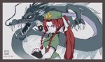  1girl alternate_costume beret blue_eyes braid china_dress chinese_clothes dragon dress eastern_dragon fingerless_gloves gloves hat hat_ornament highres hong_meiling long_hair redhead skip_screw star_(symbol) star_hat_ornament the_embodiment_of_scarlet_devil touhou twin_braids 