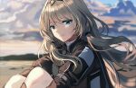  1girl an-94_(girls_frontline) bangs blonde_hair blue_eyes closed_mouth clouds girls_frontline hairband leg_hug long_hair low_tied_hair platinum_blonde_hair silence_girl sitting sky smile tactical_clothes 