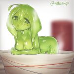  1girl ahoge bent_over blurry blurry_background bowl breasts colored_sclera completely_nude depth_of_field green_eyes green_hair green_sclera green_slime highres in_bowl in_container large_breasts long_hair looking_at_viewer meltyhip minigirl mole mole_under_eye nude open_mouth original solo twitter_username 