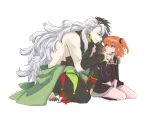  1boy 1girl 2tigers absurdres ashiya_douman_(fate) asymmetrical_hair bare_shoulders bell black_eyes black_hair blush curly_hair earrings fate/grand_order fate_(series) fingernails fujimaru_ritsuka_(female) full_body green_nails hair_bell hair_between_eyes hair_intakes hair_ornament hand_on_another&#039;s_face highres jewelry long_hair magatama magatama_earrings multicolored_hair official_alternate_costume orange_hair polar_chaldea_uniform sharp_fingernails shirt sleeveless sleeveless_shirt toned toned_male two-tone_hair very_long_fingernails very_long_hair white_background white_hair 