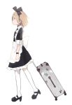  1girl absurdres apron black_dress black_footwear brown_hair dress frilled_apron frilled_dress frills full_body highres medium_hair natsu-no-kamisama original pantyhose profile shoes simple_background solo standing suitcase white_background white_legwear 