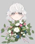  1girl blue_flower blush flower grey_background grey_eyes highres leaf looking_at_viewer natsu-no-kamisama original pink_flower purple_background short_hair simple_background solo upper_body white_flower white_hair 