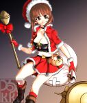  1girl alternate_costume artist_logo artist_name bangs belt black_background black_belt black_choker black_footwear boko_(girls_und_panzer) bomb boots bow brown_background brown_eyes brown_hair choker christmas combat_boots crop_top cross-laced_footwear explosive eyebrows_visible_through_hair floating fur-trimmed_jacket fur_trim girls_und_panzer gloves gradient gradient_background grey_legwear hat highres holding holding_sack holding_weapon jacket lace-up_boots medium_hair midriff miniskirt navel nishizumi_miho open_mouth panzerfaust pink_bow pleated_skirt red_gloves red_headwear red_jacket red_legwear red_shirt red_skirt revision sack santa_costume santa_gloves santa_hat shirt short_hair short_sleeves skirt smile socks solo star_ornament sweatdrop weapon yoyokkun 