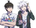  2boys ahoge brown_eyes brown_hair collarbone collared_shirt commentary_request crossed_arms dangan_ronpa_(series) dangan_ronpa_2:_goodbye_despair gacha green_eyes green_jacket grey_hair grey_shirt hair_between_eyes hand_up hinata_hajime holding holding_key hood hooded_jacket jacket key komaeda_nagito long_sleeves looking_at_another looking_up male_focus medium_hair multiple_boys open_clothes open_mouth print_shirt shaded_face shirt short_hair simple_background sweatdrop too_many upper_body upper_teeth white_background ziling 