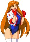 1girl belt blue_leotard brown_hair closed_eyes commentary_request cropped_jacket french_flag gloves hand_to_own_mouth highres jacket laughing leotard long_hair namco numan_athletics oggy_(oggyoggy) one_eye_closed open_mouth red_gloves retro_artstyle sharon_les_halles simple_background smile solo thigh-highs thighs very_long_hair white_background white_jacket white_legwear