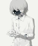  1boy avogado6 collared_shirt colored_skin commentary_request grey_hair highres holding hole_in_face hole_in_head hole_on_body long_sleeves male_focus original puzzle_piece shirt simple_background solo white_background white_shirt white_skin 