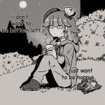  1girl alternate_costume bangs bow_choker chef_hat cup english_text eyebrows_visible_through_hair greyscale hat holding holding_cup hololive hololive_english hood hoodie looking_up monochrome moon sad sitting solo steam takanashi_kiara virtual_youtuber yuno_(p2eocene) 
