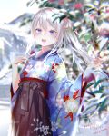  1girl 2020 9a-91_(girls_frontline) absurdres bangs blush brown_hakama commentary_request dated_commentary day eyebrows_visible_through_hair floral_print flower girls_frontline hair_between_eyes hair_flower hair_ornament hakama highres japanese_clothes kimono long_hair new_year open_mouth outdoors pink_flower ponytail pottsness signature silver_hair snow snowing solo wide_sleeves 