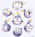  &gt;_&lt; :d black_eyes closed_mouth commentary curled_up frown gen_7_pokemon grey_background happy highres multiple_views no_humans open_mouth ouran pokemon pokemon_(creature) shiny signature smile togedemaru tongue 