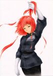  1girl belt black_belt breasts clenched_hand floating_hair gaw_ha_leecee gloves grey_eyes heavy_metal_l-gaim holding holding_hair looking_down marker_(medium) narakenmin redhead small_breasts smile solo traditional_media uniform white_background white_gloves 