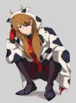  1girl absurdres animal_print blue_eyes brown_hair cow_print eyepatch highres hood hoodie long_hair looking_at_viewer neon_genesis_evangelion oshimaidebu plugsuit rebuild_of_evangelion shikinami_asuka_langley simple_background solo souryuu_asuka_langley squatting 