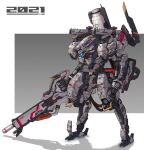  2021 blue_eyes chinese_zodiac glowing glowing_eye gun highres holding holding_gun holding_weapon horns looking_down mecha no_humans one-eyed original science_fiction shoulder_cannon solo standing tamasi weapon year_of_the_ox 