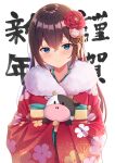  1girl background_text bangs blue_eyes brown_hair closed_mouth eyebrows_visible_through_hair floral_print flower fur_collar hair_between_eyes hair_flower hair_ornament hicha_nomu holding holding_stuffed_toy japanese_clothes kimono long_hair long_sleeves looking_at_viewer new_year original print_kimono red_flower red_kimono simple_background smile stuffed_animal stuffed_cow stuffed_toy translation_request upper_body white_background wide_sleeves 