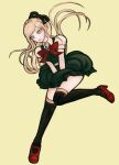  1girl :o bangs black_legwear blonde_hair bow braid collared_shirt commentary commission dangan_ronpa_(series) dangan_ronpa_2:_goodbye_despair dress dress_tug floating_hair foot_up full_body green_dress ktokei_(kurokku-tokei) long_hair looking_down mary_janes official_style open_mouth over-kneehighs puffy_short_sleeves puffy_sleeves red_bow red_footwear red_neckwear shirt shoes short_sleeves simple_background sitting skirt solo sonia_nevermind thigh-highs upper_teeth v_arms yellow_background 