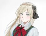  1girl bangs black_bow blonde_hair bow braid closed_mouth collared_shirt commentary_request dangan_ronpa_(series) dangan_ronpa_2:_goodbye_despair dress eyebrows_visible_through_hair gatobau green_eyes hair_bow long_hair looking_at_viewer portrait red_bow shirt simple_background sketch smile solo sonia_nevermind swept_bangs upper_body white_background white_shirt 