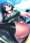  1girl asui_tsuyu blush boku_no_hero_academia breasts clouds collarbone frog_girl green_hair hair_between_eyes hakkasame highres large_breasts lens_flare long_hair looking_at_viewer looking_to_the_side low-tied_long_hair one-piece_swimsuit sitting skindentation sky solo swimsuit tareme thick_thighs thigh-highs thighs water 