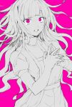 1girl apron bandages bangs commentary_request crying crying_with_eyes_open dangan_ronpa_(series) dangan_ronpa_2:_goodbye_despair floating_hair highres limited_palette long_hair looking_at_viewer messy_hair mole mole_under_eye monochrome nurse own_hands_together pink_background pink_eyes puffy_short_sleeves puffy_sleeves shaded_face short_sleeves simple_background solo suzumetarou tears teeth tsumiki_mikan 