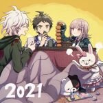  1girl 2boys :t ahoge alternate_costume bangs black_jacket blanket bow breasts brown_eyes brown_hair coat collared_shirt commentary_request cup dangan_ronpa_(series) dangan_ronpa_2:_goodbye_despair dress_shirt ear_ribbon eating floral_print food fruit green_coat green_jacket grey_hair hair_ornament hairclip highres hinata_hajime holding holding_cup hood hood_down jacket japanese_clothes kimono komaeda_nagito kotatsu long_sleeves magazine mandarin_orange medium_breasts medium_hair messy_hair monokuma multiple_boys nanami_chiaki open_clothes open_jacket open_mouth orange_background paper pink_bow pink_hair pink_ribbon ribbon shirt short_hair steam sweatdrop table takagiri two-tone_shirt usami_(dangan_ronpa) white_shirt 