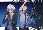  2boys ahoge arm_up brown_eyes brown_hair collarbone commentary_request cowboy_shot dangan_ronpa_(series) dangan_ronpa_2:_goodbye_despair frown green_neckwear grey_hair hanging_from_tree heterochromia hinata_hajime holding holding_pen hood hood_down hooded_coat hoodie jacket komaeda_nagito letterboxed long_sleeves male_focus mechanical_arm multiple_boys necktie night pen print_shirt red_eyes shirt short_hair tanabata tree white_hair white_shirt writing ziling 