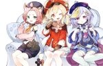  3girls ;d ahoge animal_ears bag bare_shoulders bead_necklace beads blonde_hair braid braided_ponytail cabbie_hat cat_ears couch detached_sleeves diona_(genshin_impact) dress genshin_impact gloves hair_ornament hat jewelry jiangshi klee_(genshin_impact) long_sleeves looking_at_viewer mitu_yang multiple_girls necklace one_eye_closed open_mouth paw_print pointy_ears purple_hair qiqi red_eyes shorts sitting smile symbol-shaped_pupils thigh-highs tied_hair twintails violet_eyes 