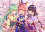  3girls animal_ear_fluff animal_ears bangs blue_bow blue_kimono blush bow breasts brown_hair cellphone dragon_horns fate/extra fate/grand_order fate_(series) floral_print fox_ears fox_girl fox_tail green_hair hair_between_eyes hair_bow hairband horns iincho_(airi8751) japanese_clothes kimono kiyohime_(fate/grand_order) large_breasts long_hair looking_at_viewer multiple_girls multiple_horns obi open_mouth osakabe-hime_(fate/grand_order) phone pink_hair pink_kimono sash self_shot sidelocks smile tail tamamo_(fate)_(all) tamamo_no_mae_(fate) twintails very_long_hair violet_eyes wide_sleeves yellow_eyes yellow_kimono 