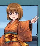  1girl akemiho_tabi_nikki bangs brown_hair eyebrows_visible_through_hair japanese_clothes kimono kouno_hikaru looking_at_viewer obi open_mouth red_eyes sash short_hair solo v 