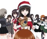  6+girls akaboshi_koume akiyama_yukari animal_costume bangs bikini black_eyes black_hair black_skirt blue_eyes blunt_bangs boko_(girls_und_panzer) brown_eyes brown_hair cape christmas closed_eyes closed_mouth commentary_request crop_top dress_shirt extra eyebrows_visible_through_hair frown fur-trimmed_cape fur-trimmed_shirt fur_trim girls_und_panzer girls_und_panzer_senshadou_daisakusen! grey_shirt hand_on_hip hat highres holding holding_clothes holding_plate holding_sack holding_shirt holding_stuffed_toy itsumi_erika key_(gaigaigai123) kuromorimine_school_uniform long_hair long_sleeves looking_at_another looking_at_viewer mauko_(girls_und_panzer) medium_hair messy_hair miniskirt mother_and_daughter multiple_girls navel nishizumi_maho nishizumi_miho nishizumi_shiho off-shoulder_shirt off_shoulder offering one_eye_closed ooarai_school_uniform orange_eyes orange_hair plate pleated_skirt pov red_cape red_headwear red_shirt reindeer_costume sack santa_bikini santa_costume santa_hat school_uniform shirt short_hair siblings silver_hair simple_background sisters skirt smile straight_hair stuffed_animal stuffed_toy sweatdrop swimsuit table takebe_saori teddy_bear thigh-highs very_short_hair waving wavy_hair white_background wing_collar yawaraka_sensha 