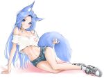  1girl animal_ears blue_eyes blue_hair chaesu character_request copyright_request facial_mark fox_ears fox_girl fox_tail highres holding_tail long_hair off_shoulder paw_print_pattern pout shoes short_shorts shorts sneakers solo tail tank_top whisker_markings 