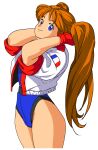 1girl arms_up belt blue_eyes blue_leotard brown_hair commentary_request cropped_jacket french_flag gloves highres jacket leotard long_hair namco numan_athletics oggy_(oggyoggy) red_gloves retro_artstyle sharon_les_halles simple_background smile solo thighs twintails very_long_hair white_background white_jacket
