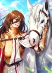  1boy amanna animal armor breastplate brown_eyes brown_hair buckle cape clouds commentary_request day eyebrows_visible_through_hair fate/grand_order fate_(series) floating_hair gauntlets hair_between_eyes horse knight long_hair looking_to_the_side male_focus open_mouth outdoors parted_lips petting saint_george_(fate/grand_order) shoulder_armor signature sky solo very_long_hair white_cape white_horse 