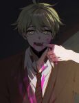  1boy :d amami_rantarou bangs blood blood_on_face brown_neckwear brown_sweater collarbone collared_shirt dangan_ronpa_(series) dangan_ronpa_v3:_killing_harmony diagonal-striped_neckwear diagonal_stripes fangs finger_in_mouth gatobau green_eyes green_hair highres looking_at_viewer male_focus nail_polish necktie open_mouth pink_blood shirt short_hair smile solo striped striped_neckwear sweater teeth upper_body vampire white_shirt 