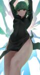  1girl arms_up black_dress breasts commentary_request dress green_eyes green_hair highres long_sleeves looking_at_viewer medium_breasts one-punch_man senju_(snz0) short_hair solo tatsumaki thighs 