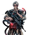  1boy apex_legends arurandis facial_hair glasses goatee grey_hair gun highres holding holostars hotate_rayan looking_at_viewer male_focus open_mouth short_hair smile virtual_youtuber weapon 