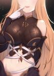  1girl bare_shoulders black_background blonde_hair blush breasts commentary granblue_fantasy groin head_out_of_frame highres large_breasts long_hair midriff navel simple_background smile solo song_(granblue_fantasy) standing tongue tongue_out uneg upper_body 