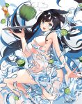  1girl :d absurdres animal_ears artist_name bangs bare_arms bare_shoulders black_hair blue_eyes blue_hair breasts coconut cup drinking_glass eyebrows_visible_through_hair food fruit highres holding holding_tray hydrokinesis large_breasts leg_up lime_(fruit) liquid_clothes long_hair looking_at_viewer navel open_mouth original revealing_clothes simple_background smile solo standing standing_on_one_leg tray very_long_hair vierzeck water white_background 