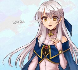  1girl 2021 :d bangle blue_background blue_cape bracelet cape detached_sleeves dress fire_emblem fire_emblem:_radiant_dawn hair_ribbon half_updo hazuki_(nyorosuke) jewelry long_hair micaiah_(fire_emblem) open_mouth pink_dress ribbon silver_hair simple_background sleeveless sleeveless_dress smile solo turtleneck_dress upper_body yellow_eyes 