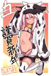  1girl 2021 animal_print bell bell_collar bikini black_collar boots breasts chawan_(yultutari) chloe_von_einzbern collar commentary_request cow_hood cow_horns cow_print dark_skin dark-skinned_female eyebrows_visible_through_hair fate/kaleid_liner_prisma_illya fate_(series) full_body hair_between_eyes hand_up highres hood hooded_jacket horns jacket long_hair long_sleeves looking_at_viewer navel pink_hair small_breasts smile solo stomach_tattoo swimsuit tattoo thigh-highs thigh_boots translation_request white_footwear white_jacket white_legwear yellow_eyes 