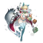  1girl animal_ears apple basket bell blonde_hair blue_eyes blue_legwear bread breasts breath carrot claw_pose cloak cross cross_earrings earrings fake_animal_ears food fruit full_body fur_trim girls_frontline gloves gun hair_bell hair_ornament hairband heart_ring high_heels highres hood hooded_cloak hoodie jewelry jingle_bell large_breasts lolita_hairband looking_at_viewer microskirt mole mole_on_breast mole_under_eye navel official_alternate_costume official_art pom_pom_(clothes) revealing_clothes short_hair siqi_(miharuu) skirt snowflake_hair_ornament solo standing standing_on_one_leg tail thigh-highs transparent_background vsk-94_(girls_frontline) weapon white_gloves 