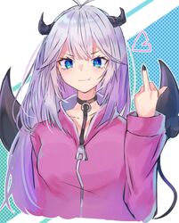  1girl black_choker blue_eyes blush choker collarbone demon_girl demon_horns demon_wings fang fang_out heart horns indie_virtual_youtuber looking_at_viewer middle_finger nari_(bikkii) silver_hair smirk solo vei_(vtuber) virtual_youtuber wings zipper_pull_tab 