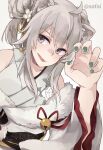  1girl animal_ear_fluff animal_ears bangs breasts claw_pose collarbone from_above fur_trim green_nails grey_eyes grey_hair hololive japanese_clothes lion_ears lion_girl looking_to_the_side medium_breasts safai shishiro_botan solo virtual_youtuber white_background 