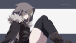  1girl absurdres ahoge ankle_boots bangs black_cape black_legwear black_skirt black_sweater blonde_hair boots breasts brown_footwear cape chiri_to_mato commentary_request fate_(series) from_side fur-trimmed_cape fur_trim gray_(lord_el-melloi_ii) green_eyes grey_background hair_between_eyes highres hood hood_up long_sleeves looking_at_viewer lord_el-melloi_ii_case_files medium_breasts plaid plaid_skirt short_hair sitting skirt solo sweater thigh-highs twitter_username two-tone_background white_background 