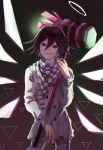  :d bangs checkered checkered_scarf commentary contrapposto cowboy_shot dangan_ronpa_(series) dangan_ronpa_v3:_killing_harmony double-breasted hair_between_eyes hammer highres holding holding_hammer holding_weapon jacket kitsunebi_v3kokonn long_sleeves looking_at_viewer male_focus open_mouth ouma_kokichi pants purple_hair scarf short_hair smile solo standing straitjacket violet_eyes weapon white_jacket white_pants 