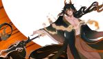  1boy absurdres bangs black_hair brown_hair collarbone dragon dragon_horns dragon_tail fingernails floating floating_weapon genshin_impact hair_between_eyes highres horns ko_yuue long_fingernails long_hair long_sleeves male_focus multicolored_hair open_clothes open_mouth orange_background polearm robe scales simple_background smoke solo spear tail weapon white_background yellow_eyes zhongli_(genshin_impact) 