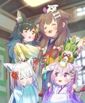  4girls animal_ears bangs blush brown_hair cat_ears cat_girl cat_tail child closed_eyes dog_ears dog_girl fox_ears fox_girl hair_between_eyes highres hololive hololive_gamers hoso-inu inugami_korone japanese_clothes kadomatsu kimono long_hair low_twintails multiple_girls nekomata_okayu new_year ookami_mio shirakami_fubuki smile tail twintails virtual_youtuber wide_sleeves wolf_ears wolf_girl younger yunra665 