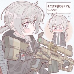  1girl bangs black_jacket black_neckwear blush bocchi-ya-nawi bolt_action cheytac_m200 closed_mouth eyebrows_visible_through_hair flying_sweatdrops girls_frontline gloves grey_hair gun hair_between_eyes highres holding holding_gun holding_weapon jacket long_hair long_sleeves m200_(girls_frontline) multiple_views necktie nose_blush ponytail rifle shirt simple_background sniper_rifle violet_eyes weapon white_shirt 