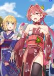  3boys absurdres astolfo_(fate) bangs bare_shoulders black_legwear blonde_hair blue_eyes blue_kimono blue_sky blush chevalier_d&#039;eon_(fate/grand_order) collarbone detached_sleeves fate/apocrypha fate/grand_order fate_(series) floral_print flower gao_changgong_(fate) hair_flower hair_intakes hair_ornament highres japanese_clothes jtleeklm kimono long_hair long_sleeves low_twintails multicolored_hair multiple_boys obi open_mouth otoko_no_ko pelvic_curtain pink_hair pink_kimono sash silver_hair sky smile streaked_hair thigh-highs thighs twintails violet_eyes white_hair 